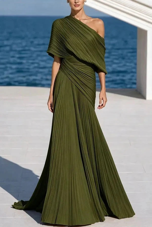 Grecian Gown Pleated One Shoulder Twist Waist Drape Maxi Dress