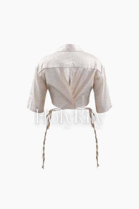 Jacquard Satin Tie Hem Crop Blouse