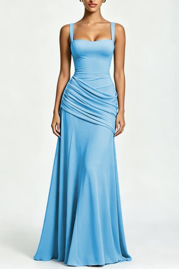 Square Neck Cross Ruched Waist Chiffon Evening Gown