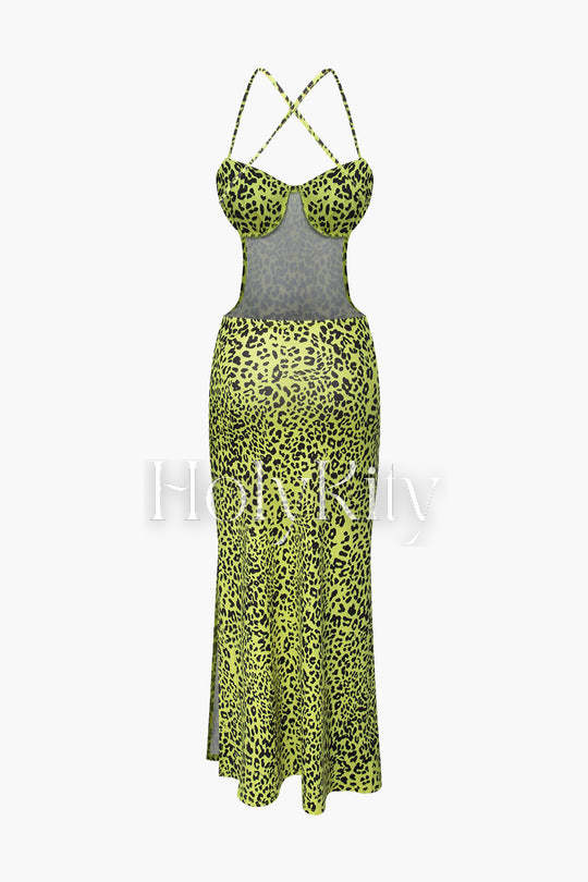 Leopard Print Backless Slit Maxi Dress