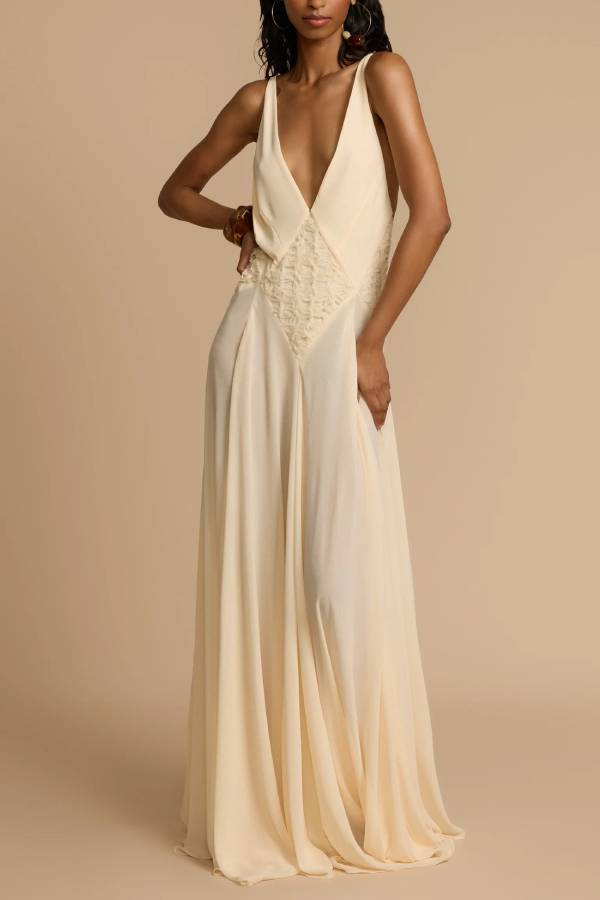Deep V Cross Back Lace Spliced Chiffon Maxi Dress, Bohemian Wedding Dress