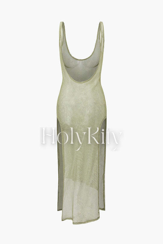 Robe cache-maillot fendue en maille transparente