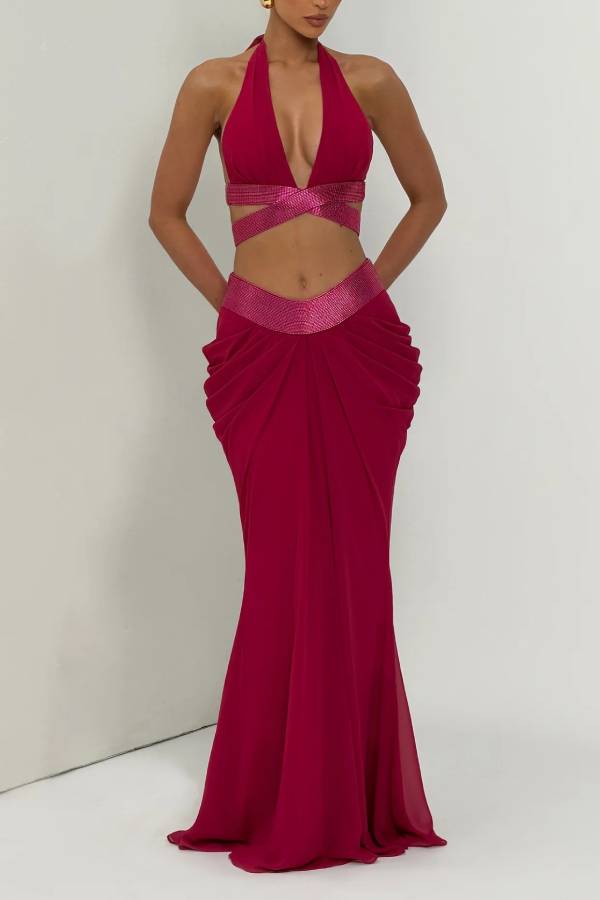 Sophie Chiffon Embellished Trim Crop Halter Tank and Dramatic Gathered Drape Maxi Skirt Set