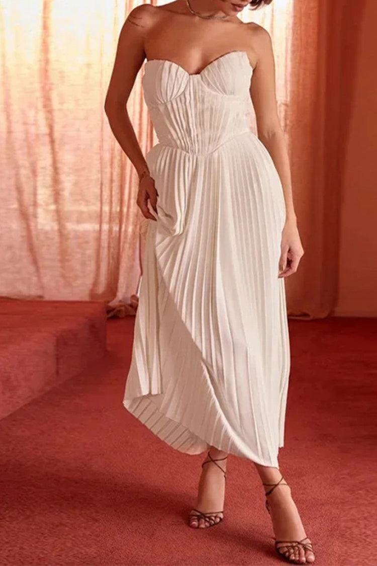 Strapless Cinch Waist Pleated Maxi Dresses