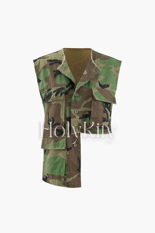 Asymmetrisches ärmelloses Hemd mit Camouflage-Print