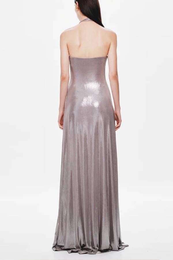 Halter Deep‑V Ruched Draped Evening Maxi Dress