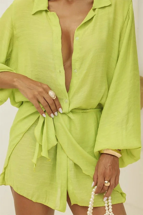 Kala Linen Blend Button Balloon Sleeve Blouse and Elastic Waist Warp Tie-up Mini Skirt Set