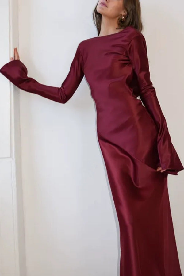 Satin Elegant Long-sleeved Open-back Slim-fit Slit Maxi Dress