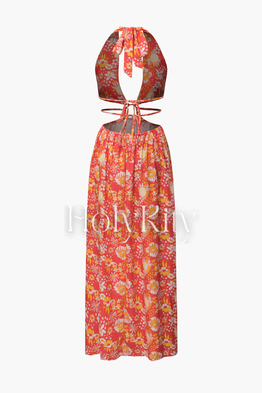 Robe longue fendue à découpes et col licou fleuri