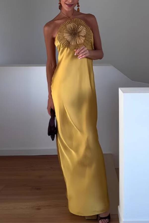 Ginger Satin 3D Flower Halter Neck Maxi Evening Dress