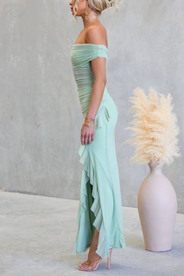 Off Shoulder Sheer Mesh Ruched Ruffle Slit Bodycon Maxi Dress