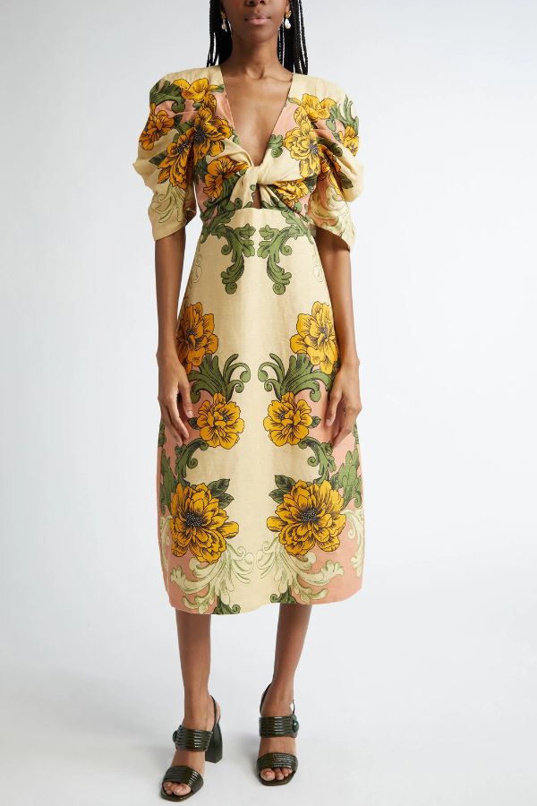 Flower Vine Linen Blend Unique Print Twist Cutout Neck Puff Sleeve Midi Dress