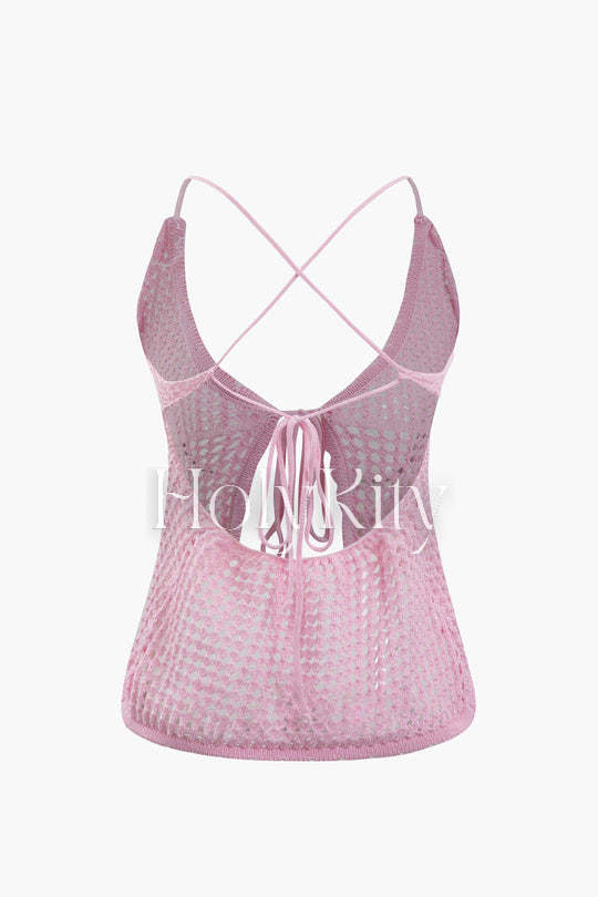Tie Front Crochet Knit Cross Back Cami Top