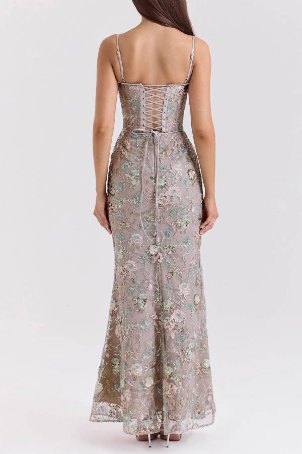Heavy Beaded Embroidered Spaghetti Strap Mermaid Evening Gown