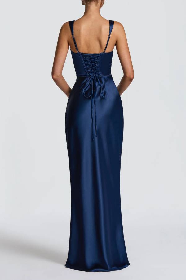Square Neck Wide Strap Satin Ruched Mermaid Long Evening Dress