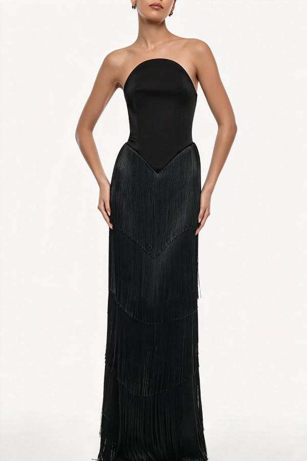 Maya Strapless Corset Layered Tassel Hem Gown Maxi Dress