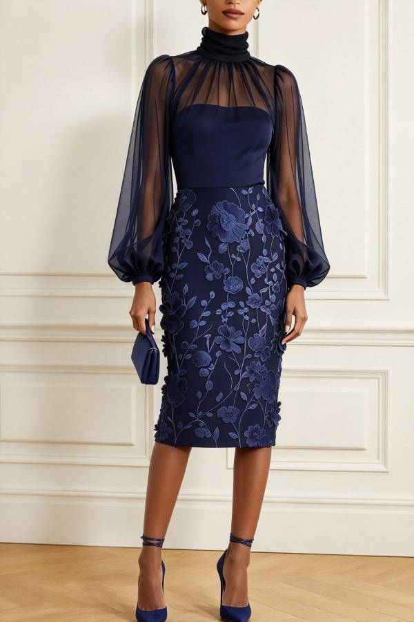 Tanie Tulle High Neck Long Lantern Sleeve 3D Floral Appliqués Hem Midi Dress