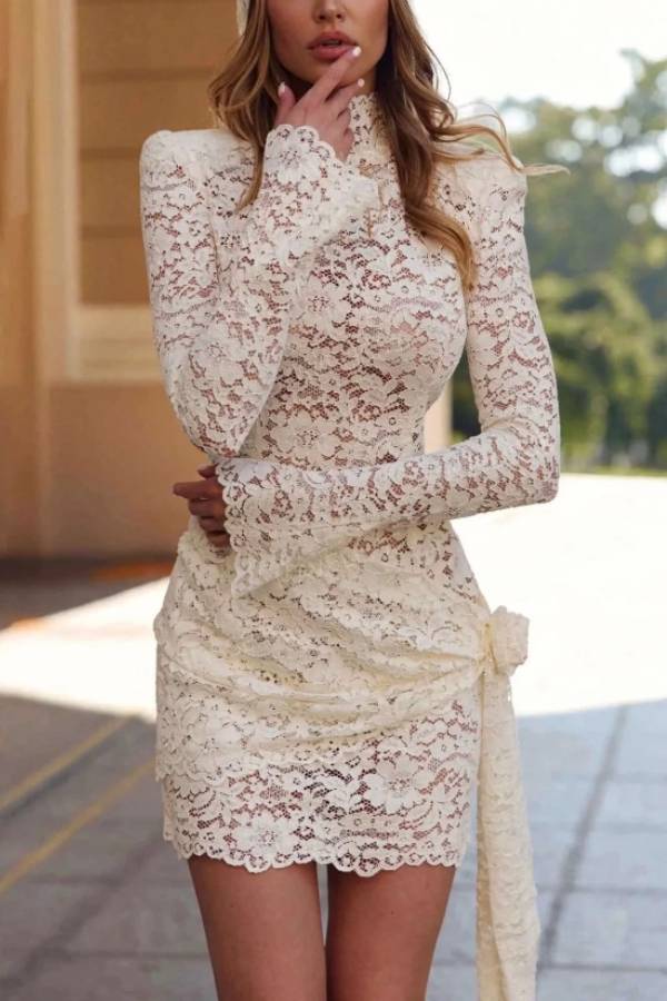 High Neck Long Sleeve Floral Lace Ruched Bodycon Cocktail Mini Dress