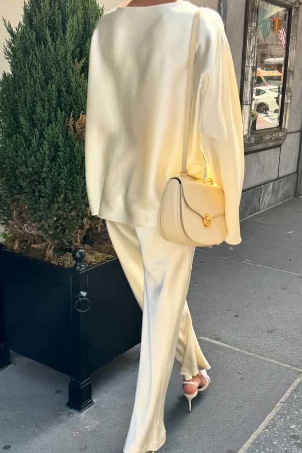 Silky and Elegant Satin Wide Neck Long Sleeve Loose Top and Elastic Waist Wide Leg Pants Set