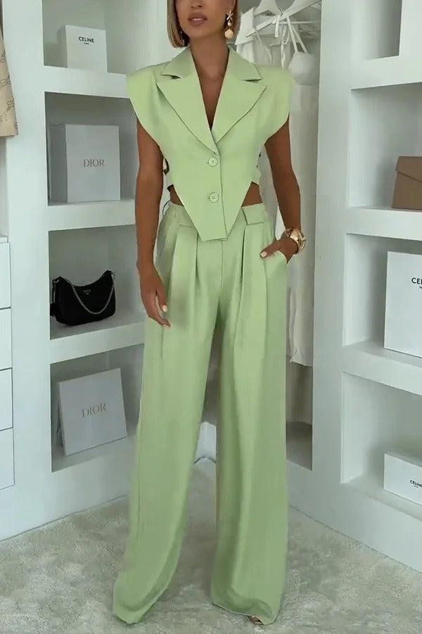 Fashion Style Lapel Waist-baring Irregular Vest and Elastic Waist Pocket Loose Pants Set
