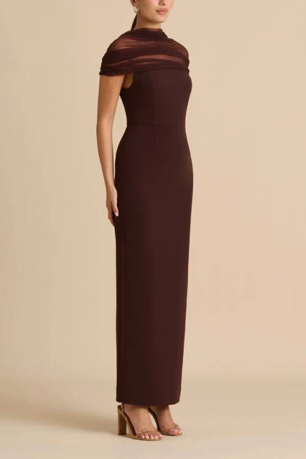 Mesh Draped Off the Shoulder Sleeveless Column Maxi Dress