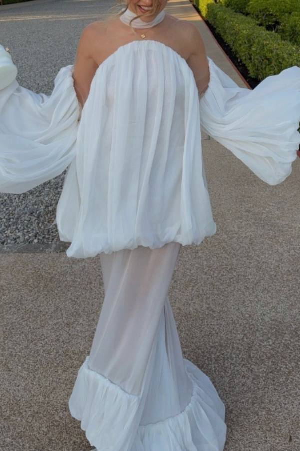 Halter Off‑Shoulder Bubble Sleeve Two‑Piece Floor‑Length Dress