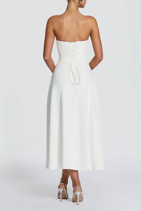 Marlowe Pleated Cowl Neck Strapless Back Lace-up Midi Dress