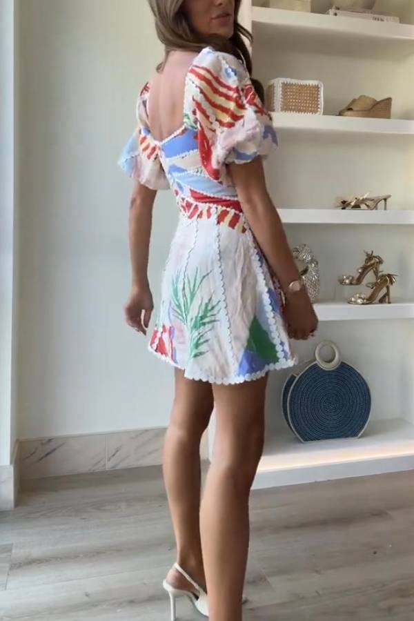 Linen Blend Trims Unique Print Puff Sleeve Mini Dress