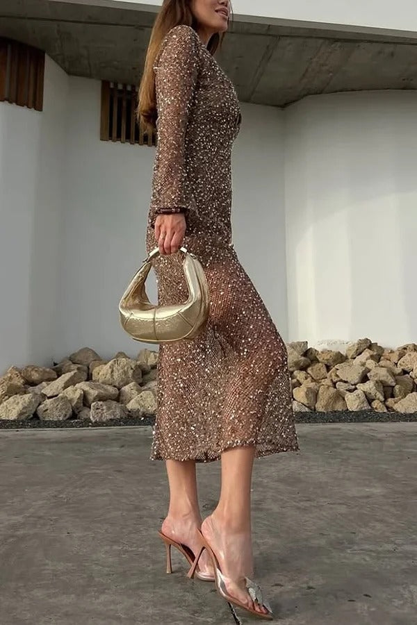 Fashion Sequined Hollow V-neck Long-sleeved Holiday Midi Dress