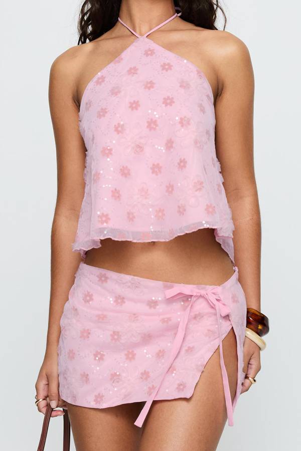 Cherry Blossom Pink Sequin Floral Halter Neck Skirt Set