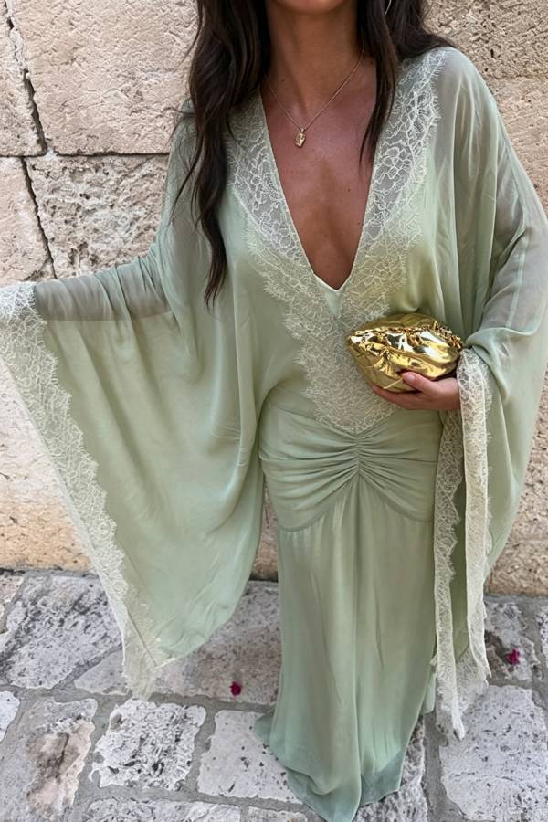 Evita Georgette Lace Trim Kaftan-style Sleeve Ruched Hip Maxi Dress