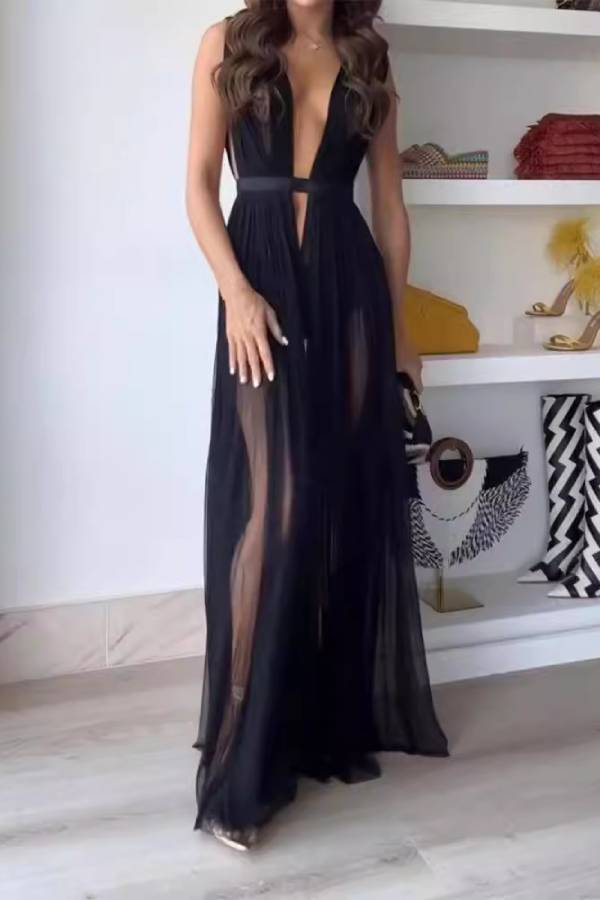 Sleeveless Deep V Waist Cutout Double Layer Mesh Sheer Train Evening Dress