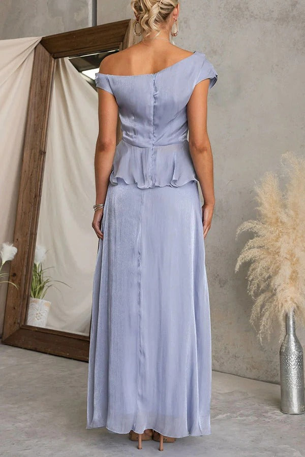 Yara Metallic One Shoulder Ruched Ruffle Hem Top and High Rise Flare Maxi Skirt Set