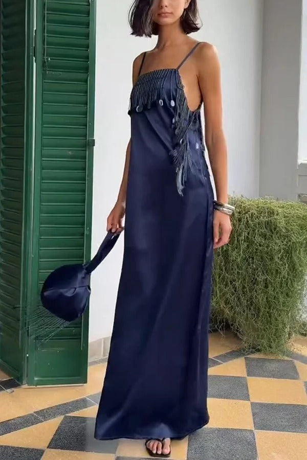 The Great Gatsby Satin Beaded Sequin Trim Open Back Slip Maxi Dress