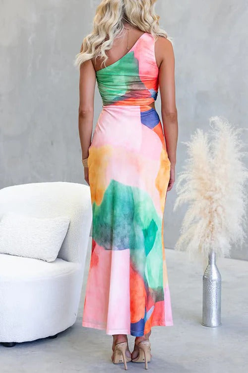 One Shoulder Sleeveless Cut Out Waist Printed Maxi Dress
