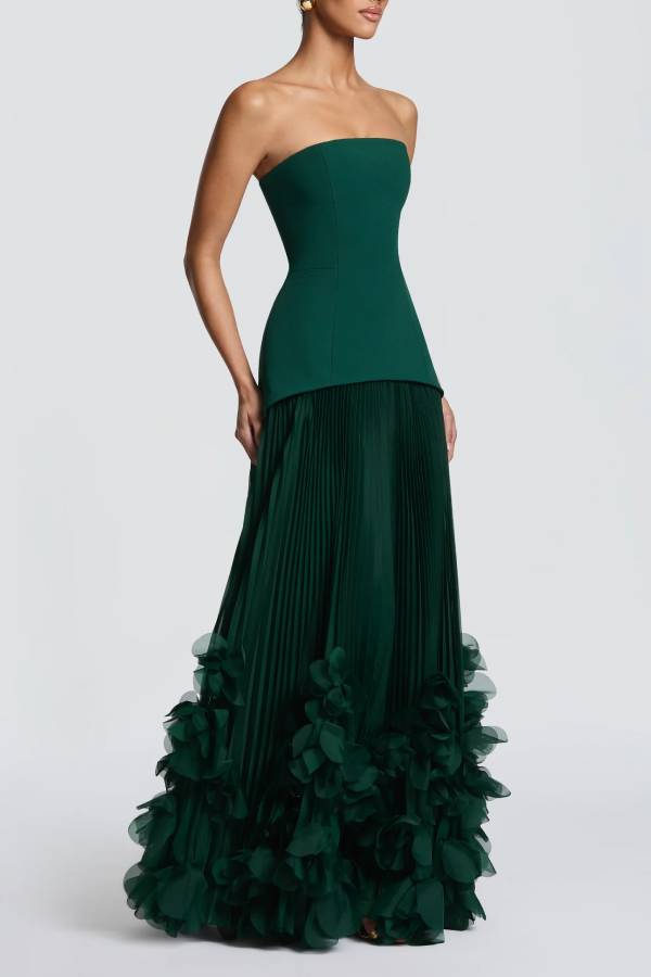 Serafina Strapless Back Lace-up Handcrafted Floral Appliqués Pleated Hem Gown Maxi Dress