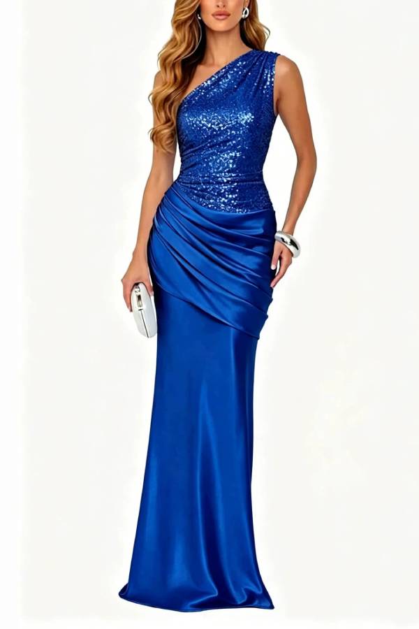 One‑Shoulder Sequin Satin Mermaid Evening Gown