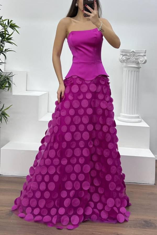 Hearts Aflutter Satin 3D Polka Dot Tulle Hem Strapless Evening Gown Maxi Dress