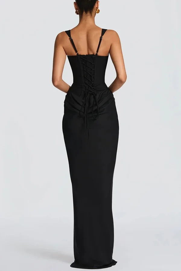 Larrah Square Neck Back Lace-up Satin Drape Hem Maxi Dress