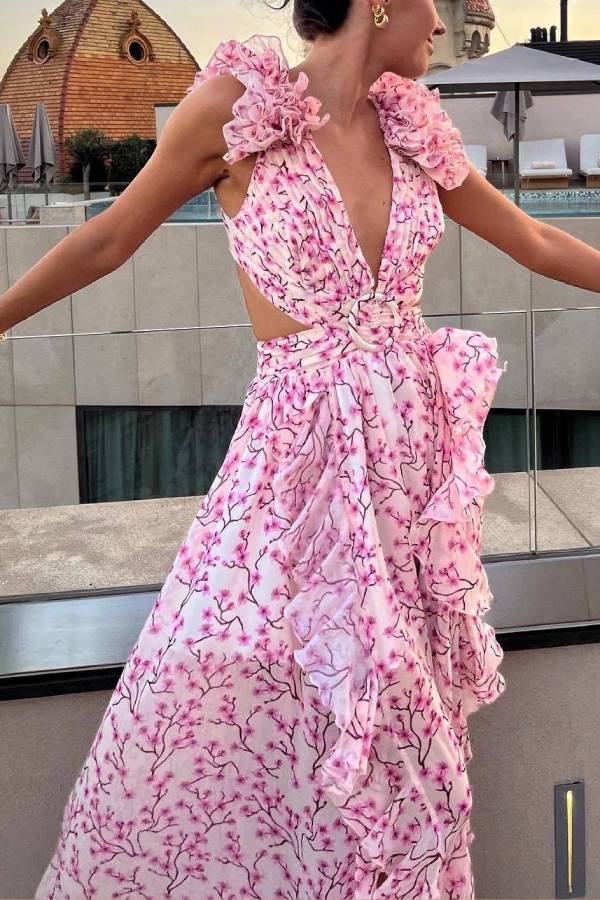 Deep V-neck Floral Hollow Maxi Dress