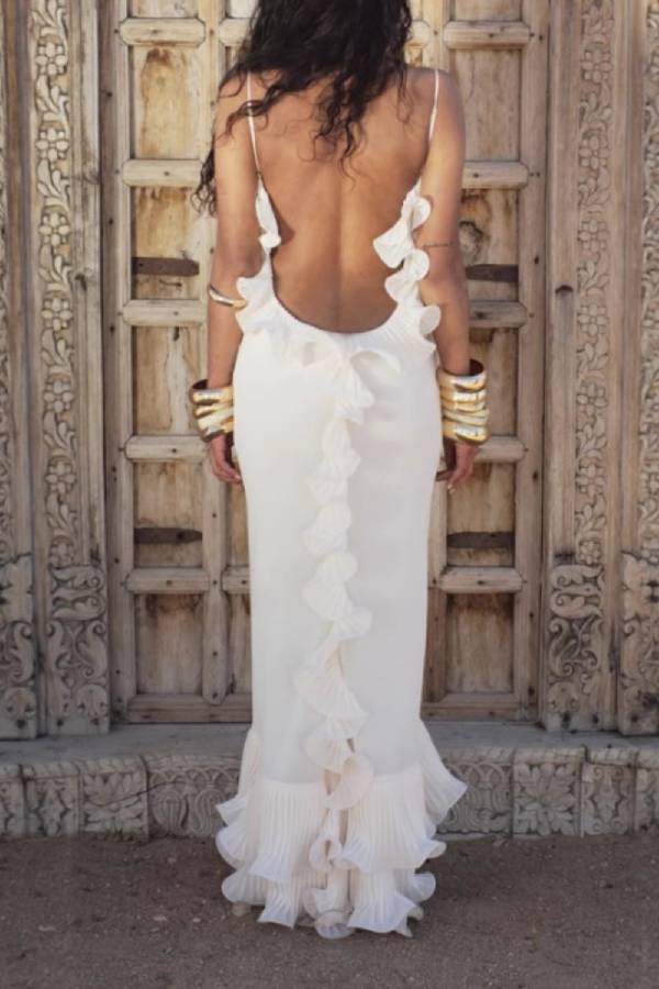 Backless Ruffled Spaghetti Strap Maxi Dress