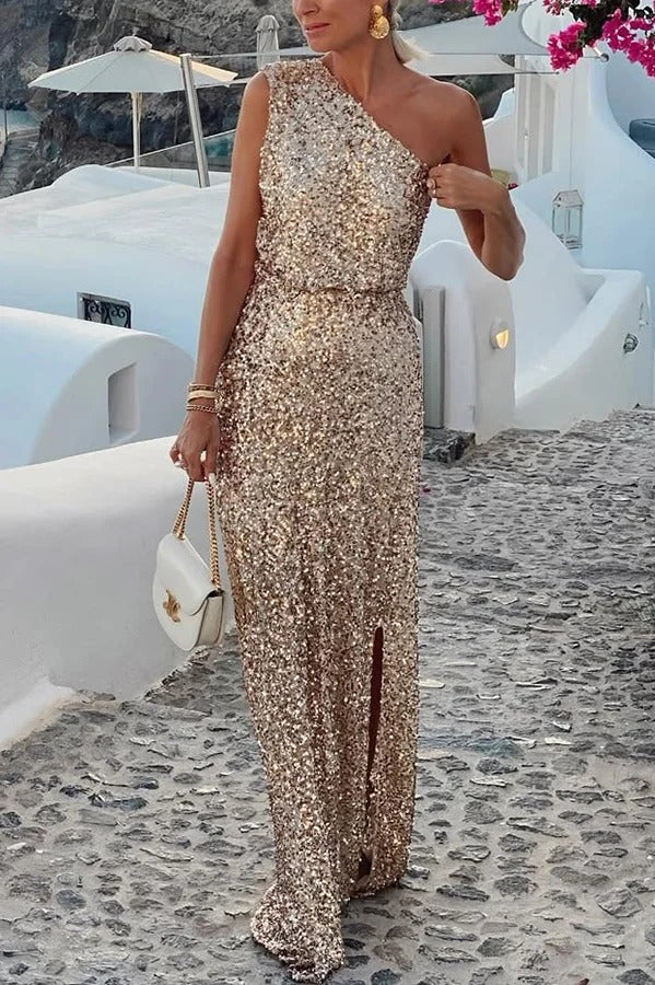Santorini Night Sequin Fabric One Shoulder Slit Maxi Dress