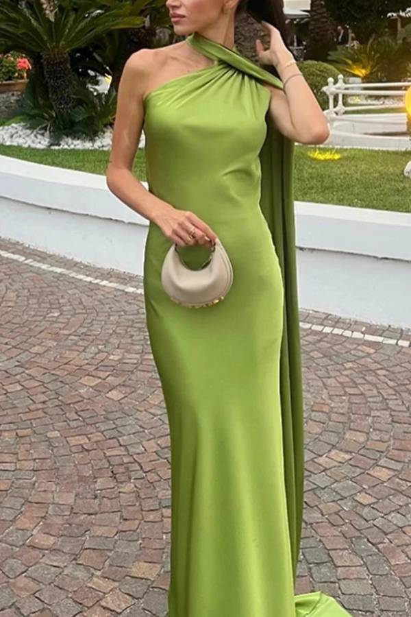One-Shoulder Halter Satin Slim Fishtail Evening Dress With Streamer