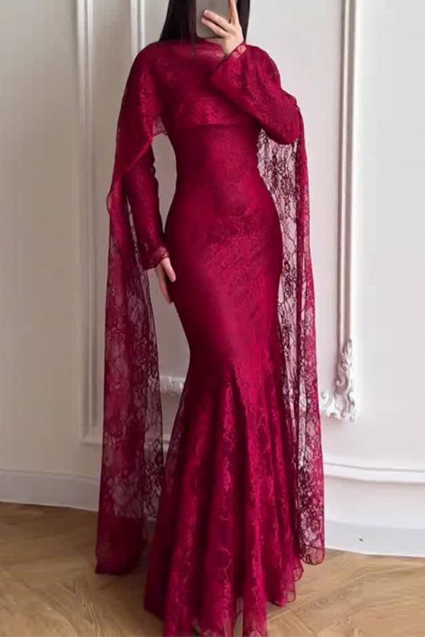 Cape Sleeve Lace Mermaid Evening Gown