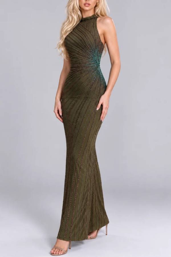 Olive Green Halter Neck Beaded Column Maxi Evening Dress