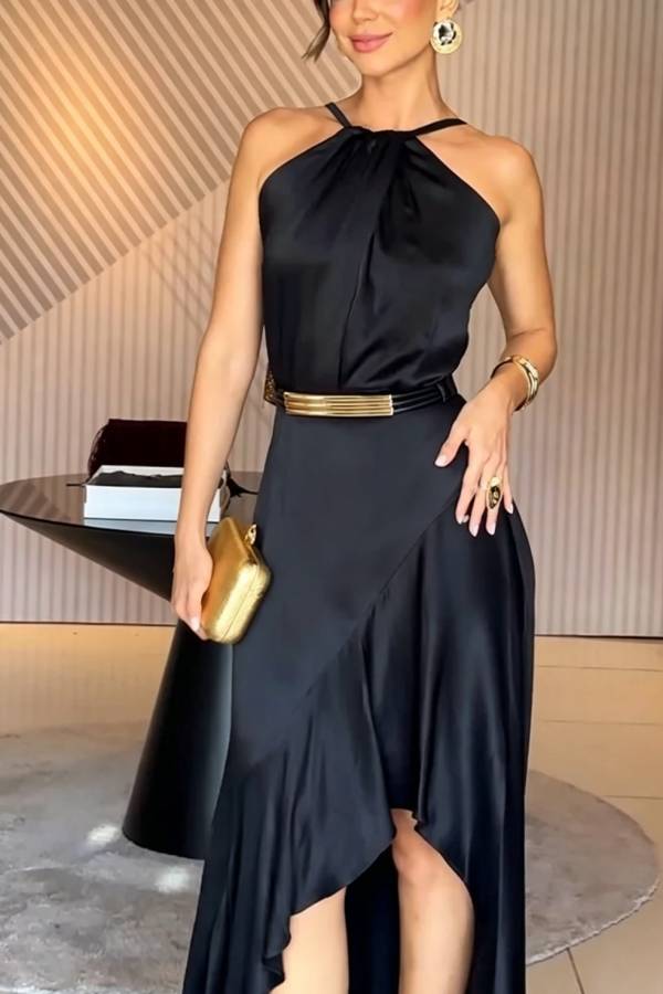 Terez Satin Metallic Belt Halter Neck Irregular Hem Slit Maxi Dress