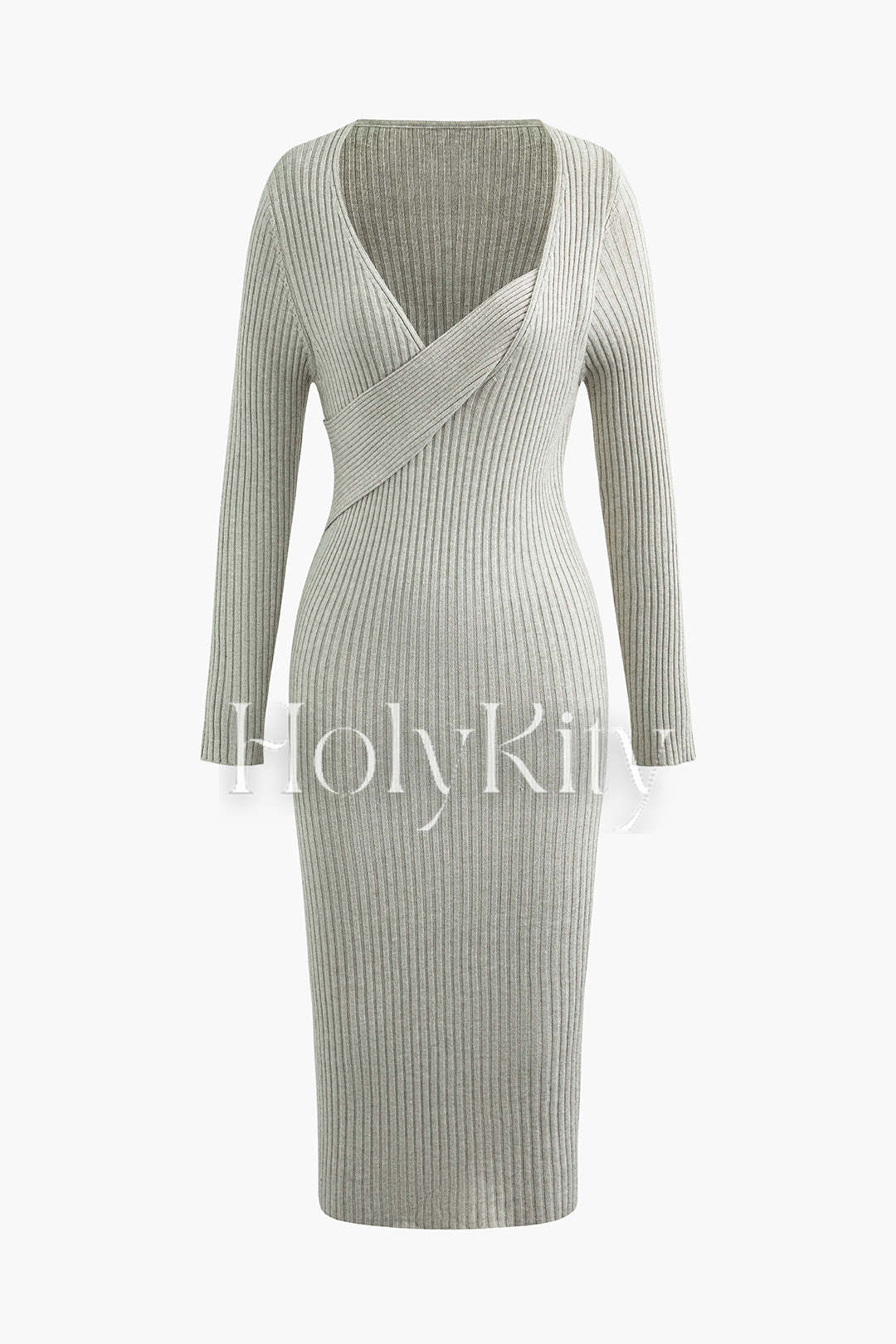Robe mi-longue en maille côtelée fendue à manches longues et col asymétrique