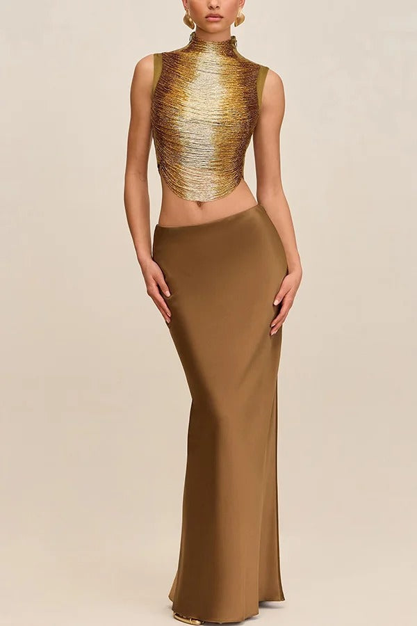 Keep Polished Satin High Rise Bias Cut Drape Maxi Skirt
