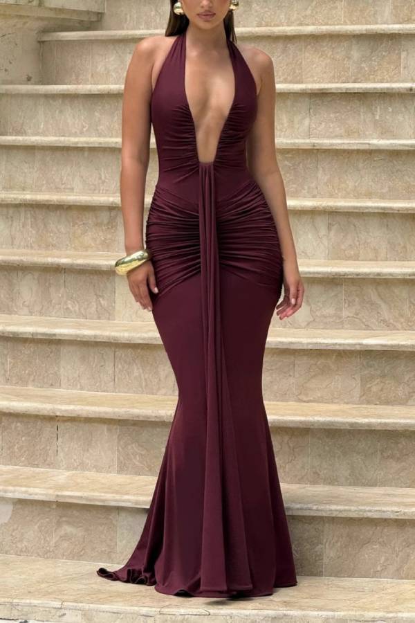 Halter Deep V Ruched Mermaid Evening Gown