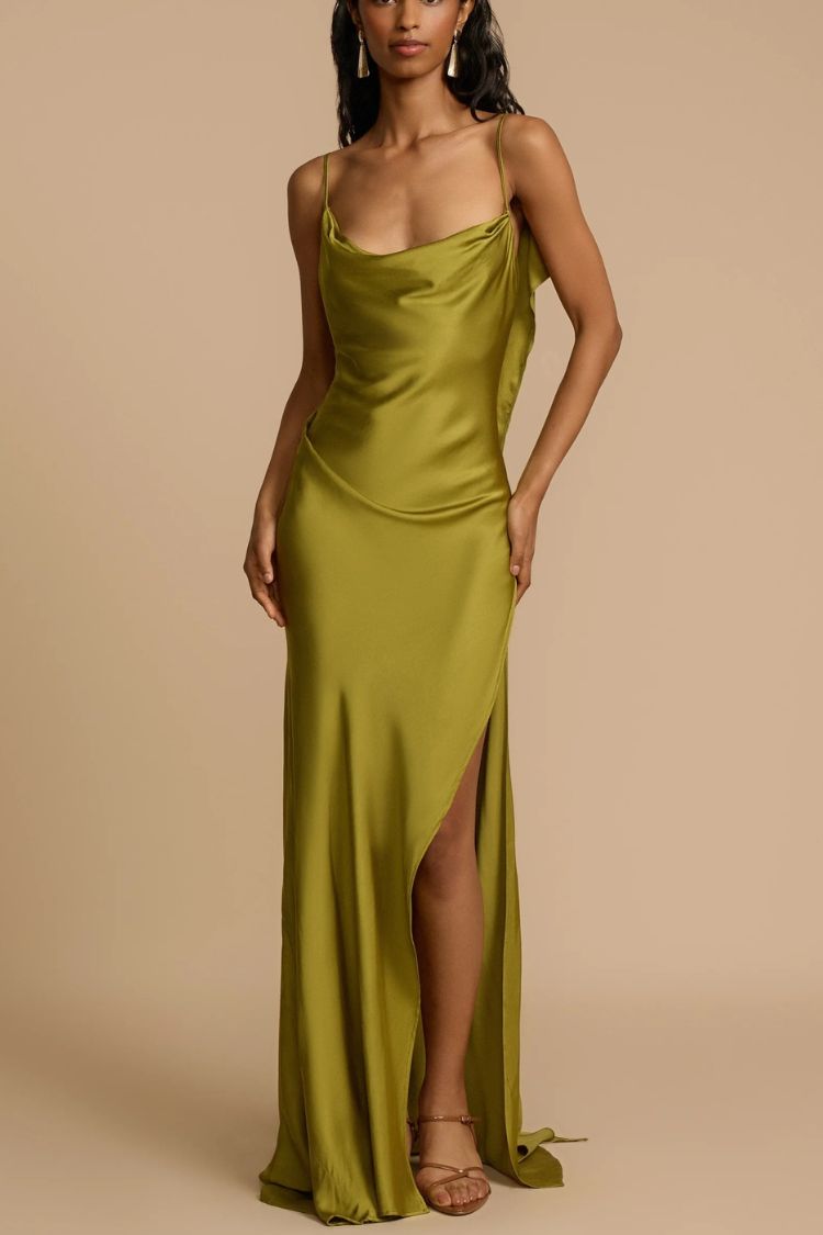 Evening Date Satin Cowl Neck Drape Ruffle Backless Bias Cut Party Maxi Dress